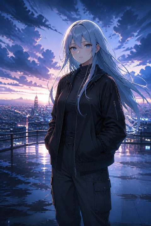 Personagem cyberpunk estilo anime, cabelo azul-prateado num terraço neon, jaqueta bomber e calça cargo