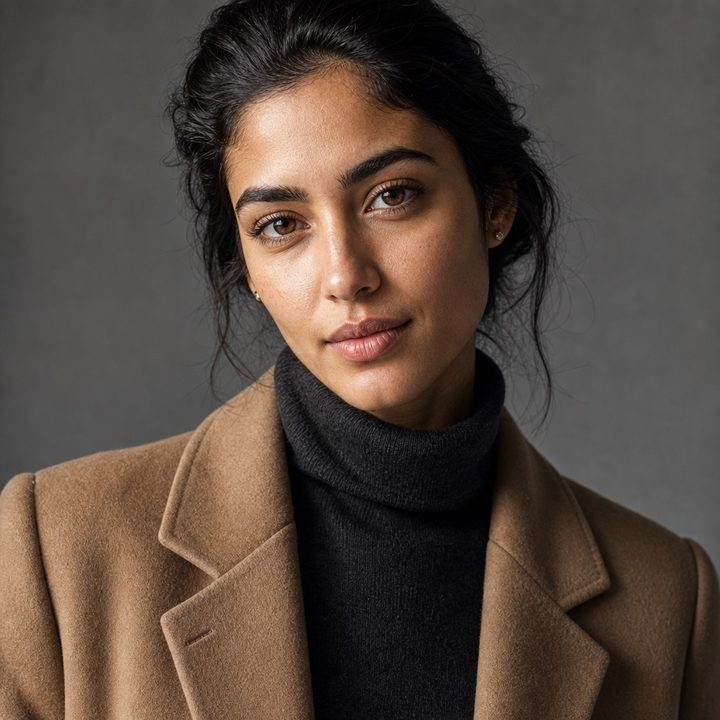 Retrato de estúdio fotorrealista de uma mulher de casaco camel e gola alta cinza-carvão, luz de janela, imagem de campanha