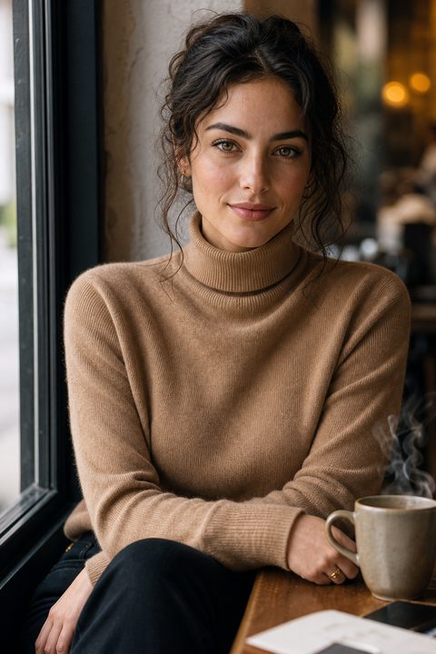 Influenciador digital gerado por AI na janela de um café, gola alta camel, luz lateral da manhã, retrato fotorrealista