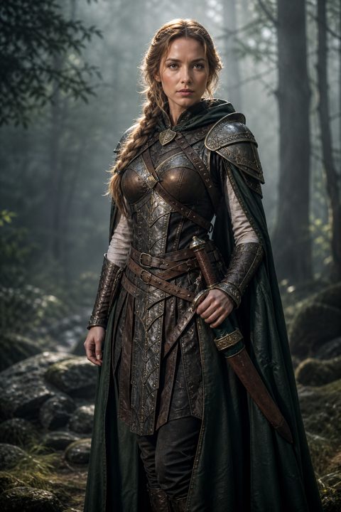 Guerreiro de fantasia gerado por AI, armadura de couro e metal numa floresta com névoa, retrato de personagem de jogo