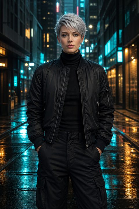 Personagem cyberpunk gerado por AI, cabelo prateado numa rua neon, jaqueta bomber, retrato cinematográfico 8k