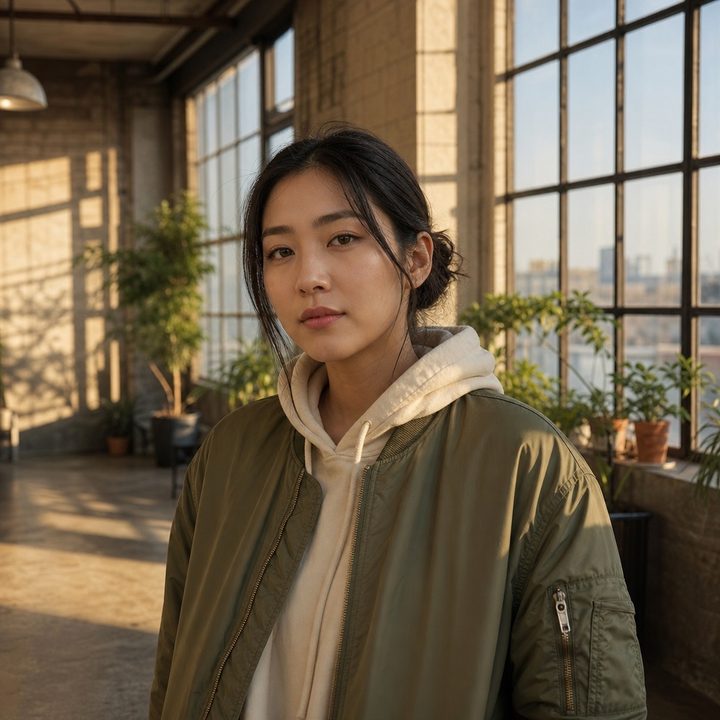 Mulher fotorrealista de jaqueta bomber verde-oliva e moletom creme num galpão industrial com sol