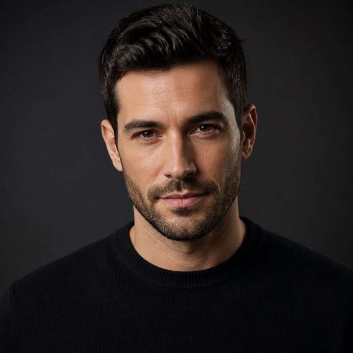 Retrato de estúdio fotorrealista de um homem de suéter de lã merino preto de gola redonda, luz de campanha