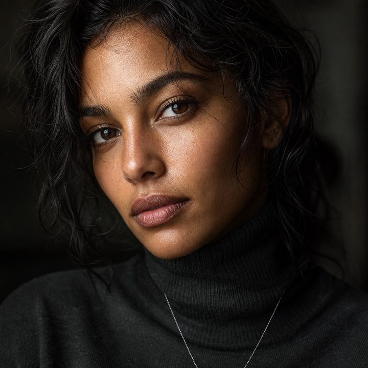 Retrato fotorrealista bem próximo de uma mulher de gola alta cinza-carvão, com textura de pele e reflexos nos olhos visíveis