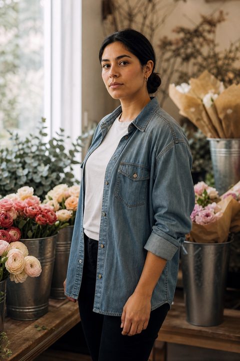 Personagem gerado por AI numa floricultura com sol, camisa jeans por cima de uma camiseta branca, baldes de ranúnculos