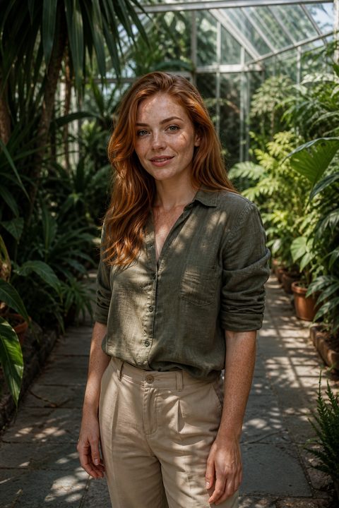 Ruiva gerada por AI numa estufa de vidro entre plantas tropicais, camisa de linho verde-oliva, luz malhada