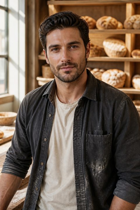 Retrato masculino gerado por AI numa padaria com sol, camisa cinza-carvão por cima, prateleiras de pão atrás