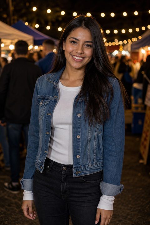 Influenciador digital gerado por AI num mercado noturno, jaqueta jeans, desfoque quente de luzes de cordão
