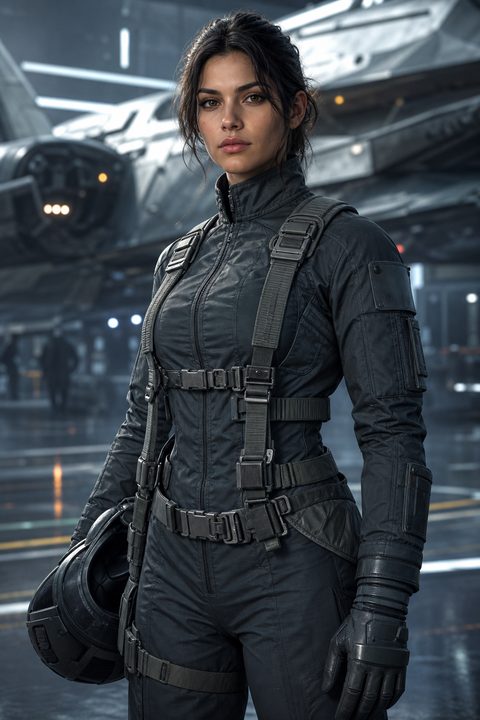 Piloto de ficção científica gerado por AI, macacão de voo grafite num hangar de nave, imagem de personagem de jogo