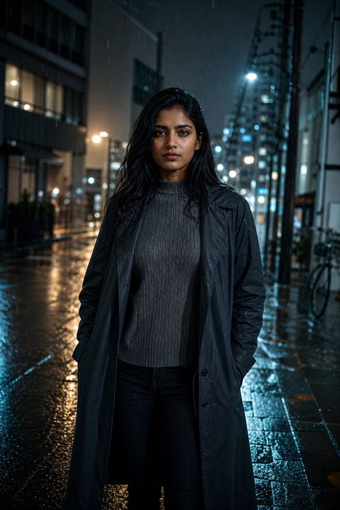 Personagem gerado por AI de capa de chuva cinza-carvão numa rua molhada à noite, reflexos verde-água e âmbar