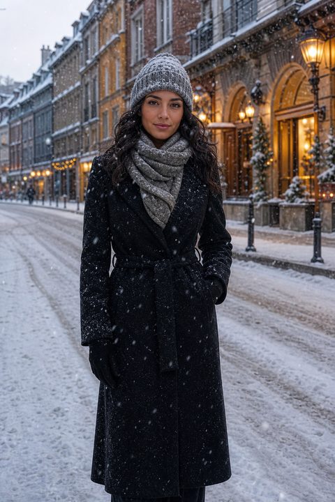 Personagem gerado por AI numa rua nevada ao entardecer, sobretudo de lã e gorro, brilho da vitrine