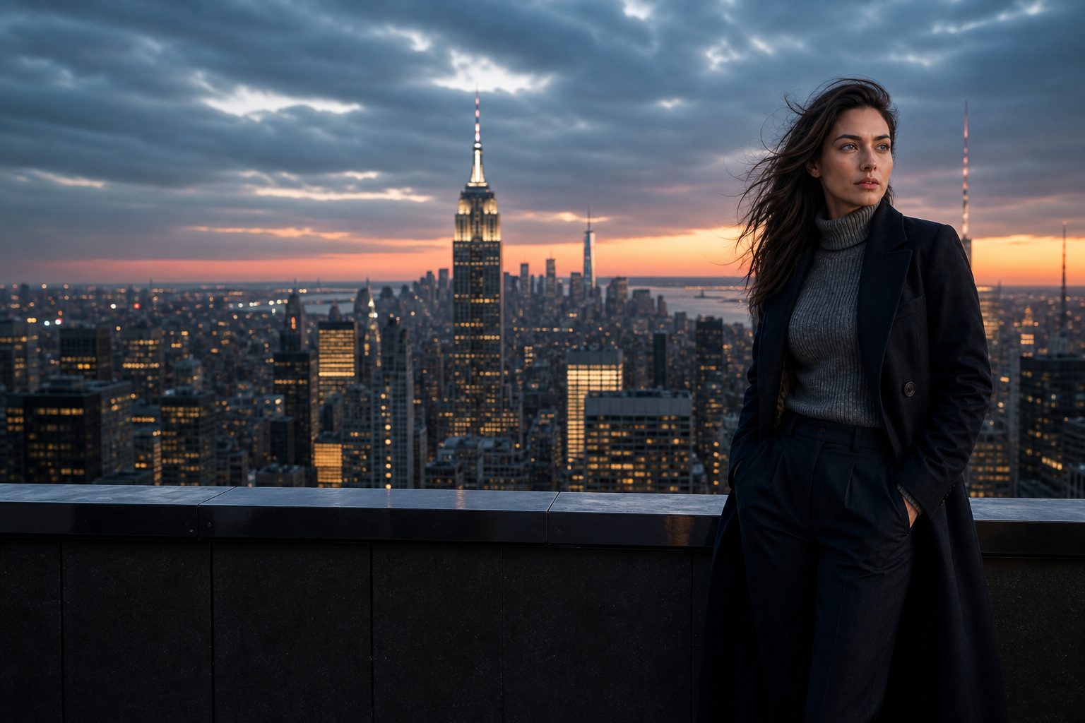 Personagem gerado por AI num terraço em Nova York ao anoitecer, casaco azul-marinho, horizonte da cidade aberto à esquerda